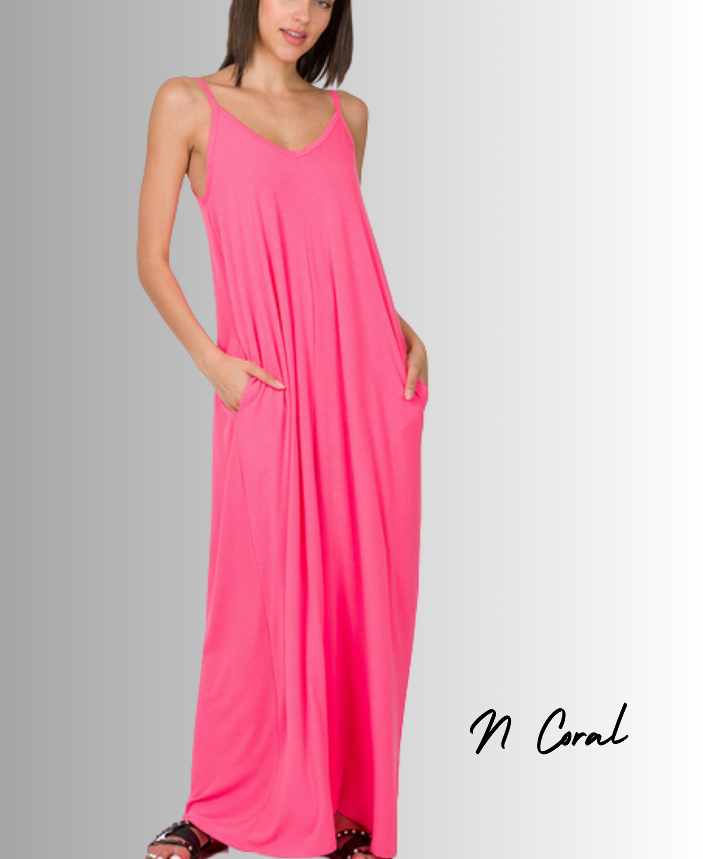 Zenana V-NECK CAMI MAXI DRESS WITH SIDE POCKETS