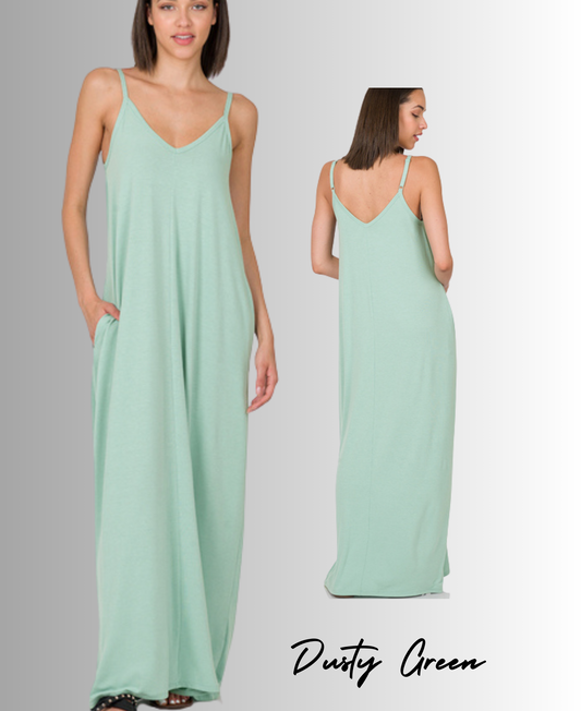 Zenana V-NECK CAMI MAXI DRESS WITH SIDE POCKETS