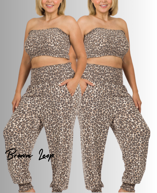 PLUS LEOPARD SMOCKED TUBE TOP & LOUNGE JOGGER Zenana